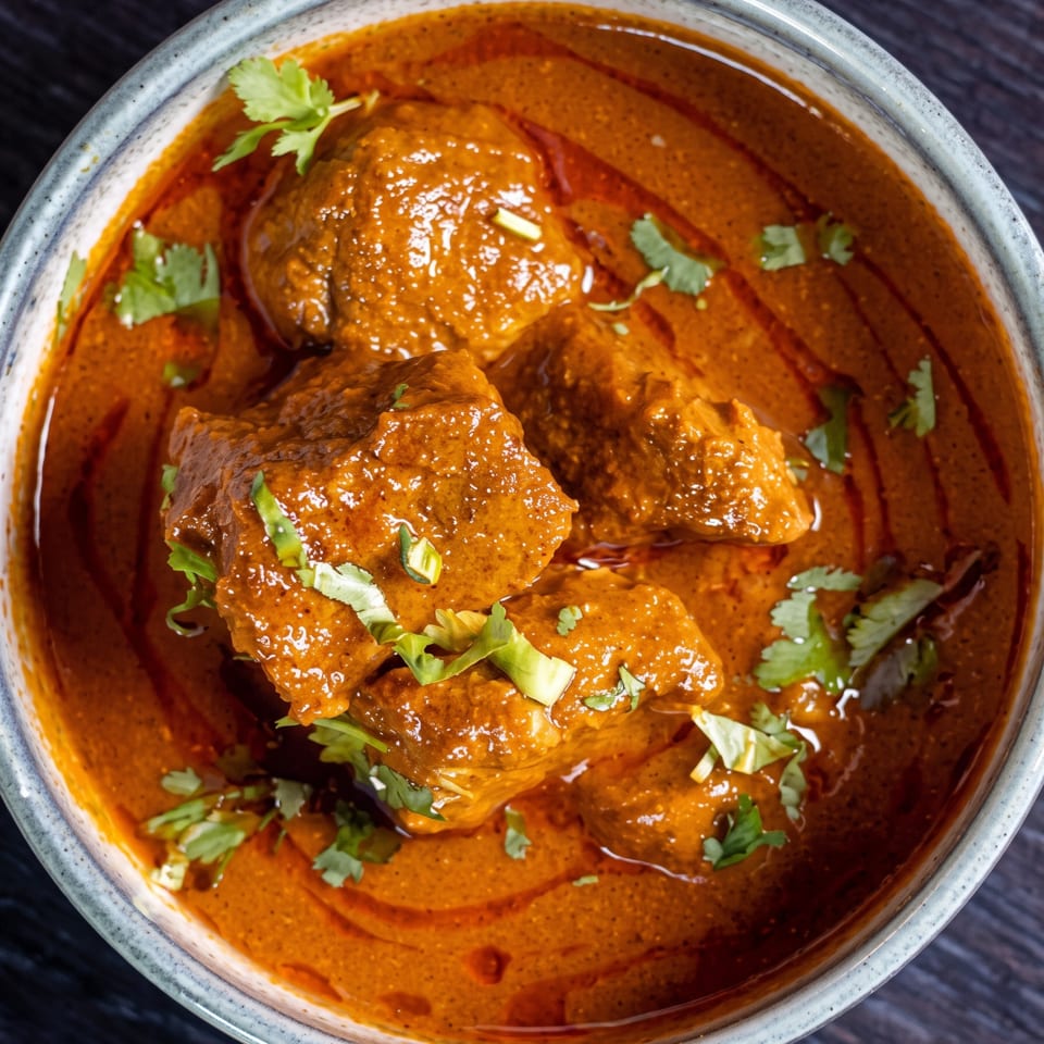 Overhead view of a bowl of rich, orange-brown curry with meat chunks and fresh cilantro.