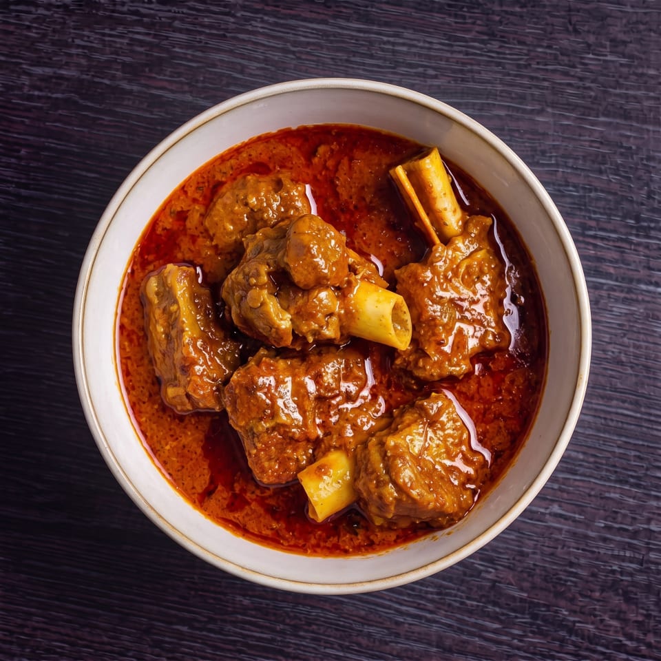 Overhead view of a white bowl filled with rich, red-orange lamb curry on a dark wooden table.