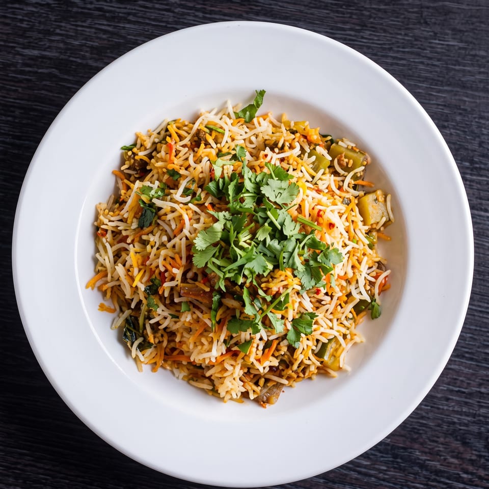 A white bowl filled with colorful biryani rice, garnished with fresh green cilantro, on a dark wooden table.