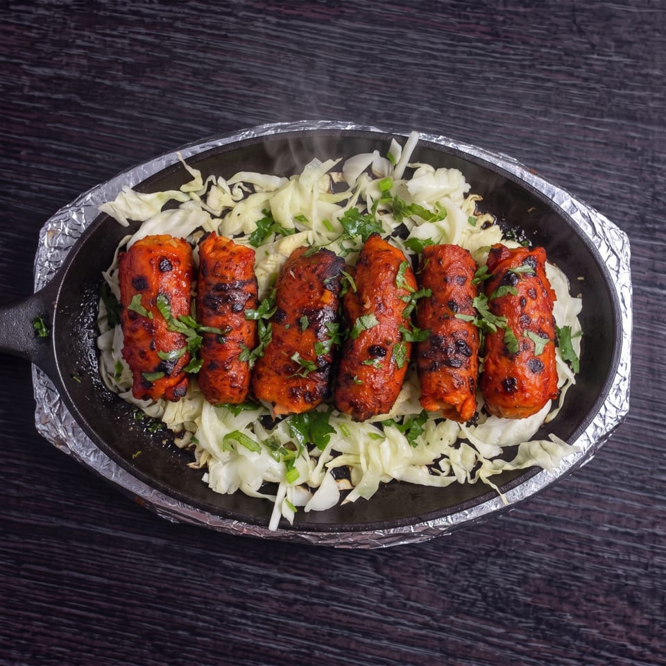 Six pieces of grilled red meat, garnished with herbs, on a bed of shredded cabbage in a hot skillet.
