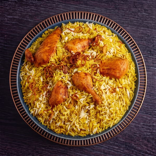 Chicken biryani with yellow rice and crispy fried onions in a blue bowl on a dark wooden table.