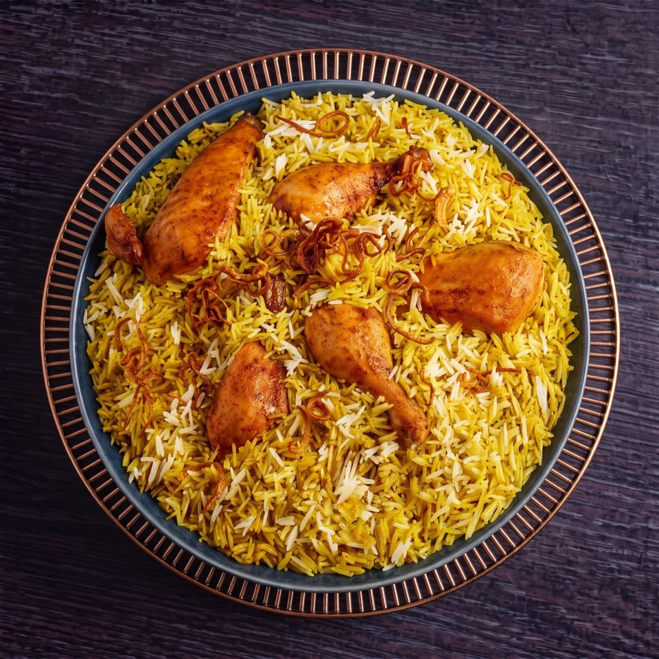 Chicken biryani with yellow rice and crispy fried onions in a blue bowl on a dark wooden table.