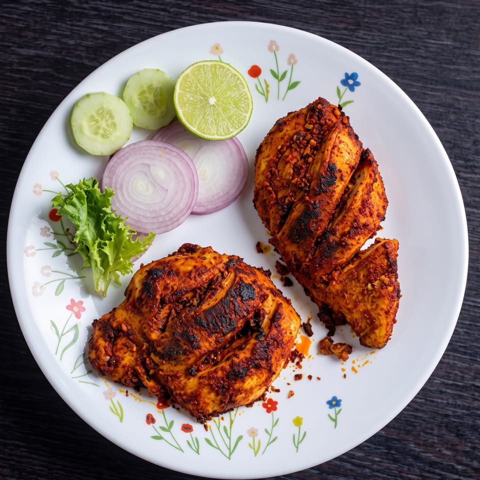Two pieces of grilled chicken with cucumber, red onion, lettuce, and lime on a white plate.