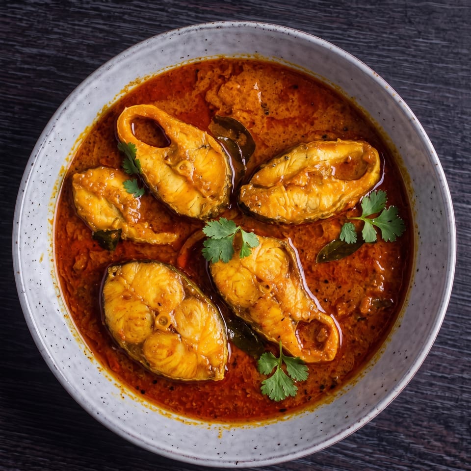 Four pieces of fish curry in a rich orange sauce, garnished with fresh cilantro in a bowl.