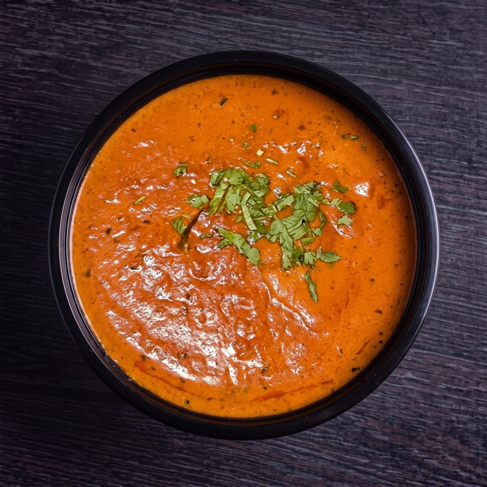 Overhead view of a black bowl filled with orange soup, garnished with fresh green herbs.