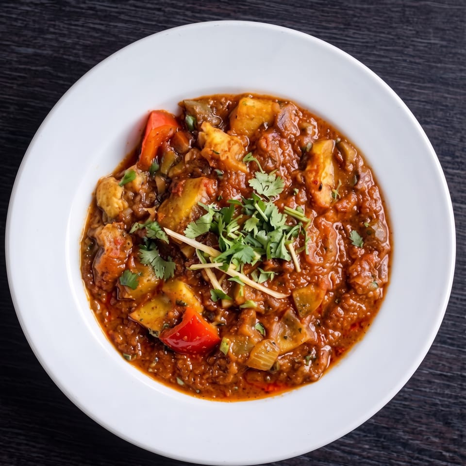A white bowl filled with a rich, reddish-brown curry, garnished with fresh cilantro and ginger.