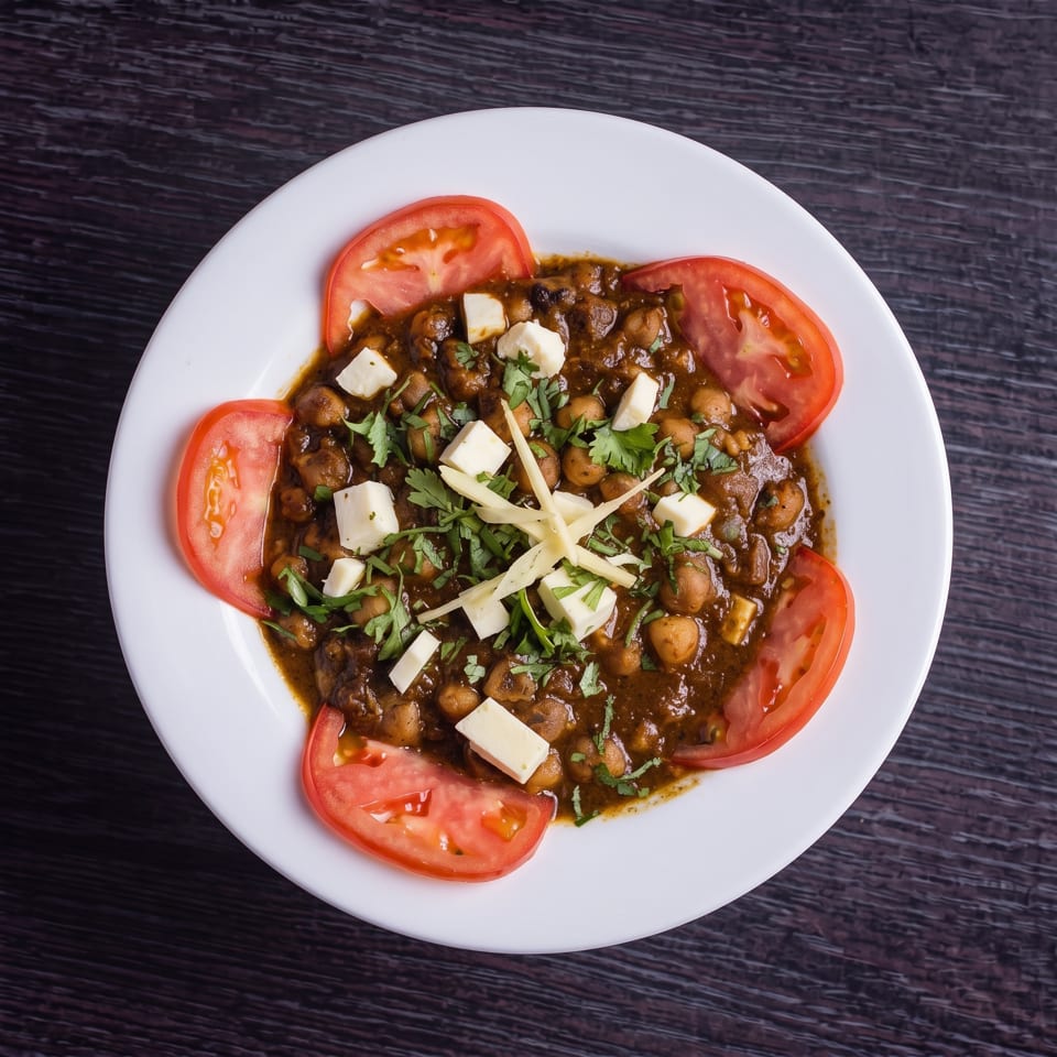 Chana Masala with paneer, cilantro, and ginger, garnished with tomato slices on a white plate.