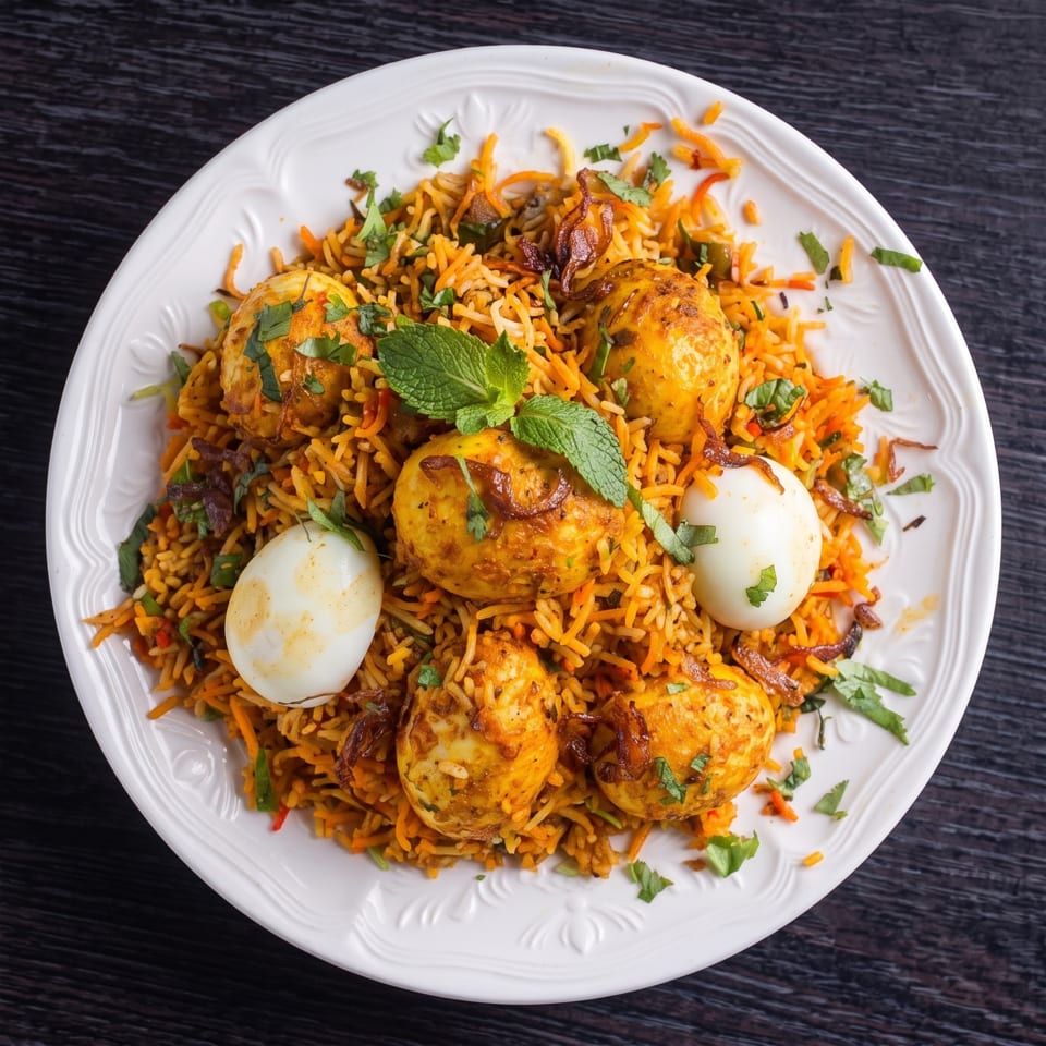A white plate filled with vibrant egg biryani, garnished with fresh mint and cilantro.